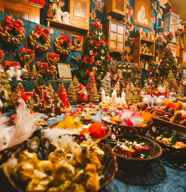 Christmas decorations at a festive market in France