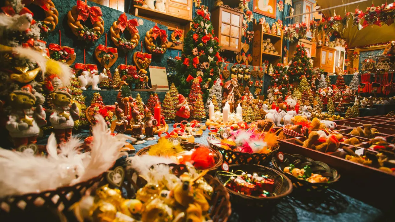 Christmas decorations at a festive market in France