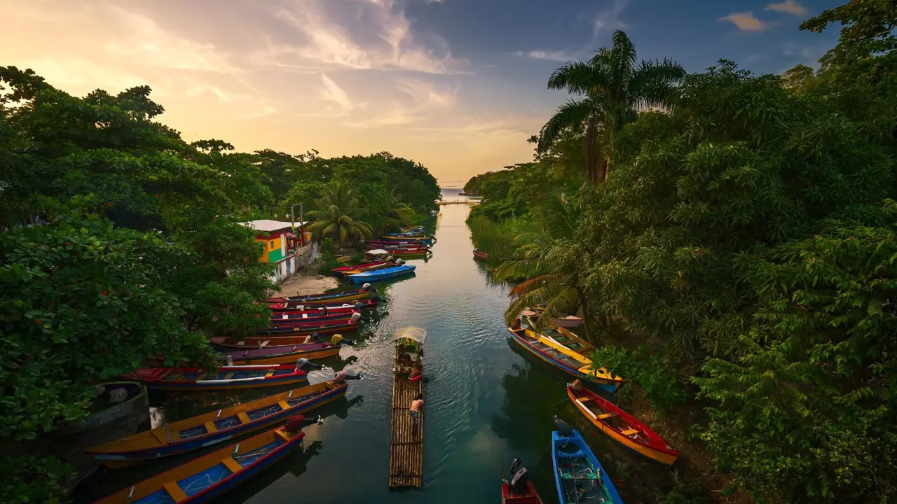 A wooden raft sailing along the White River in Ocho Rios in Jamaica