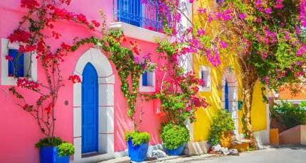 Pink house and a yellow house, with blue front doors and Juliette balconies. Pink and purple flowers growing against them. 