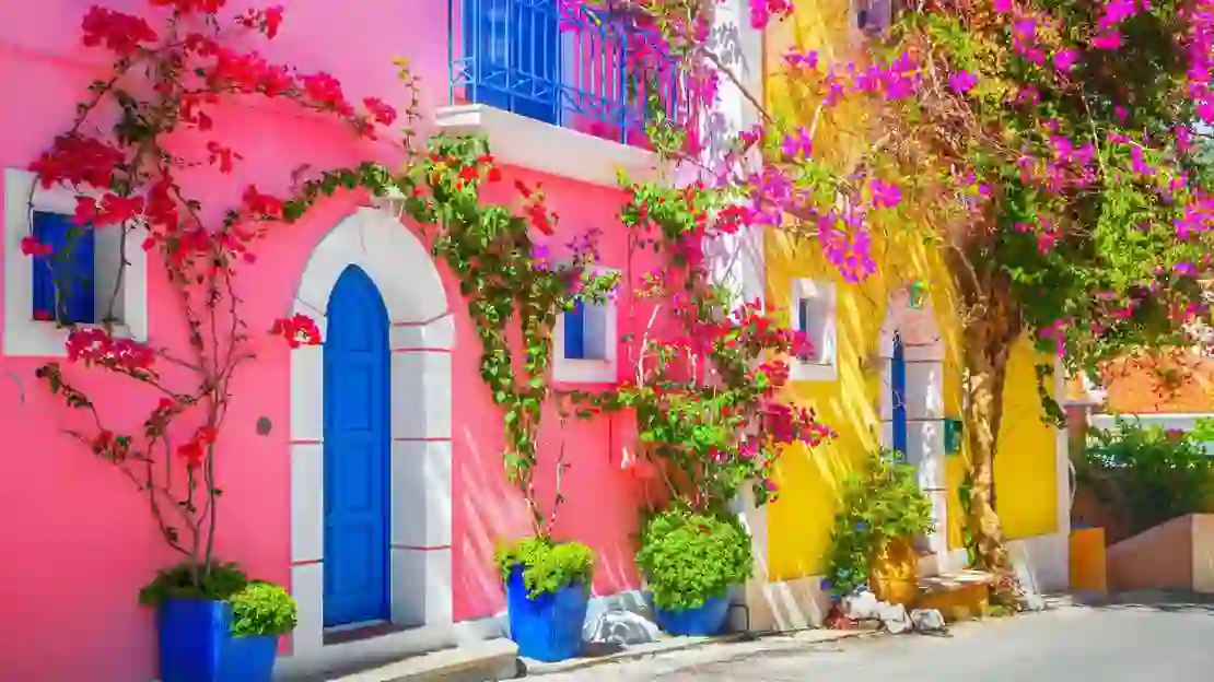 Pink house and a yellow house, with blue front doors and Juliette balconies. Pink and purple flowers growing against them. 