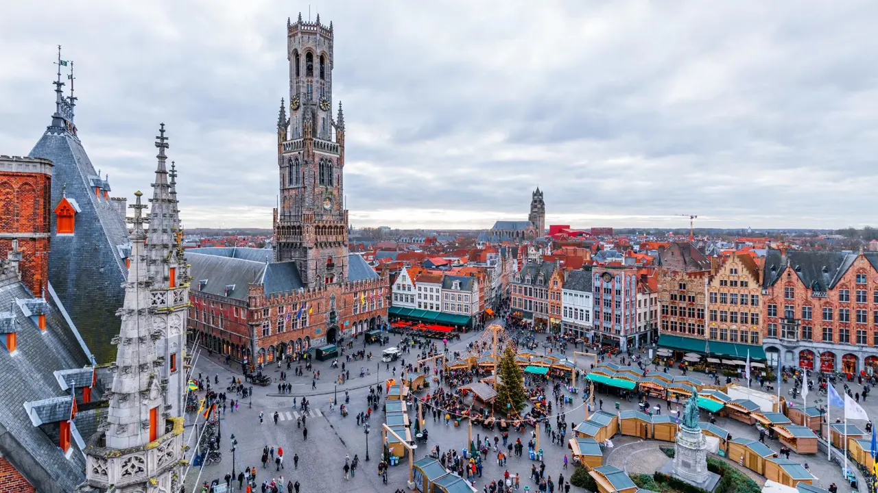 Cityscape of Bruges, featuring the main square and Christmas markets