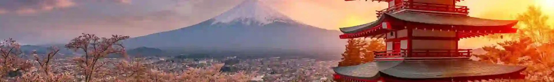 Chureito Pagoda surrounded by cherry blossoms at sunset with Mount Fuji in the background