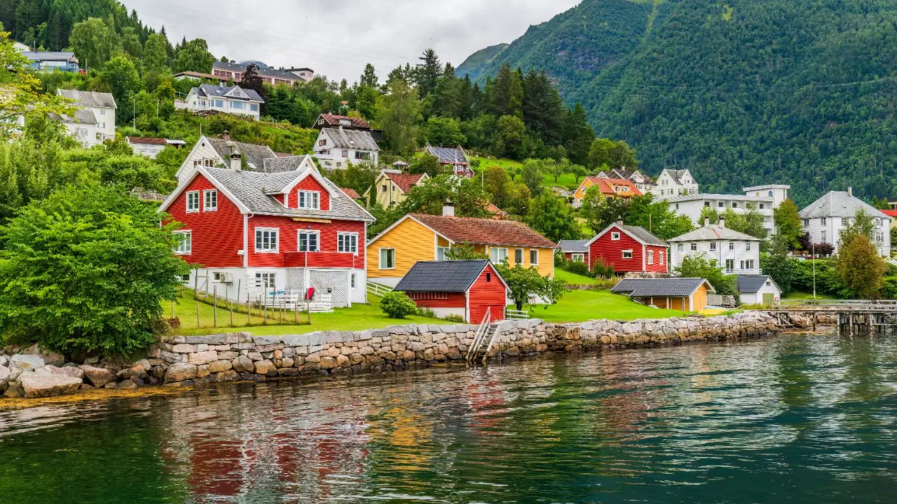 Traditional Nordic wooden houses on Sognefjord, Balestrand, Norway