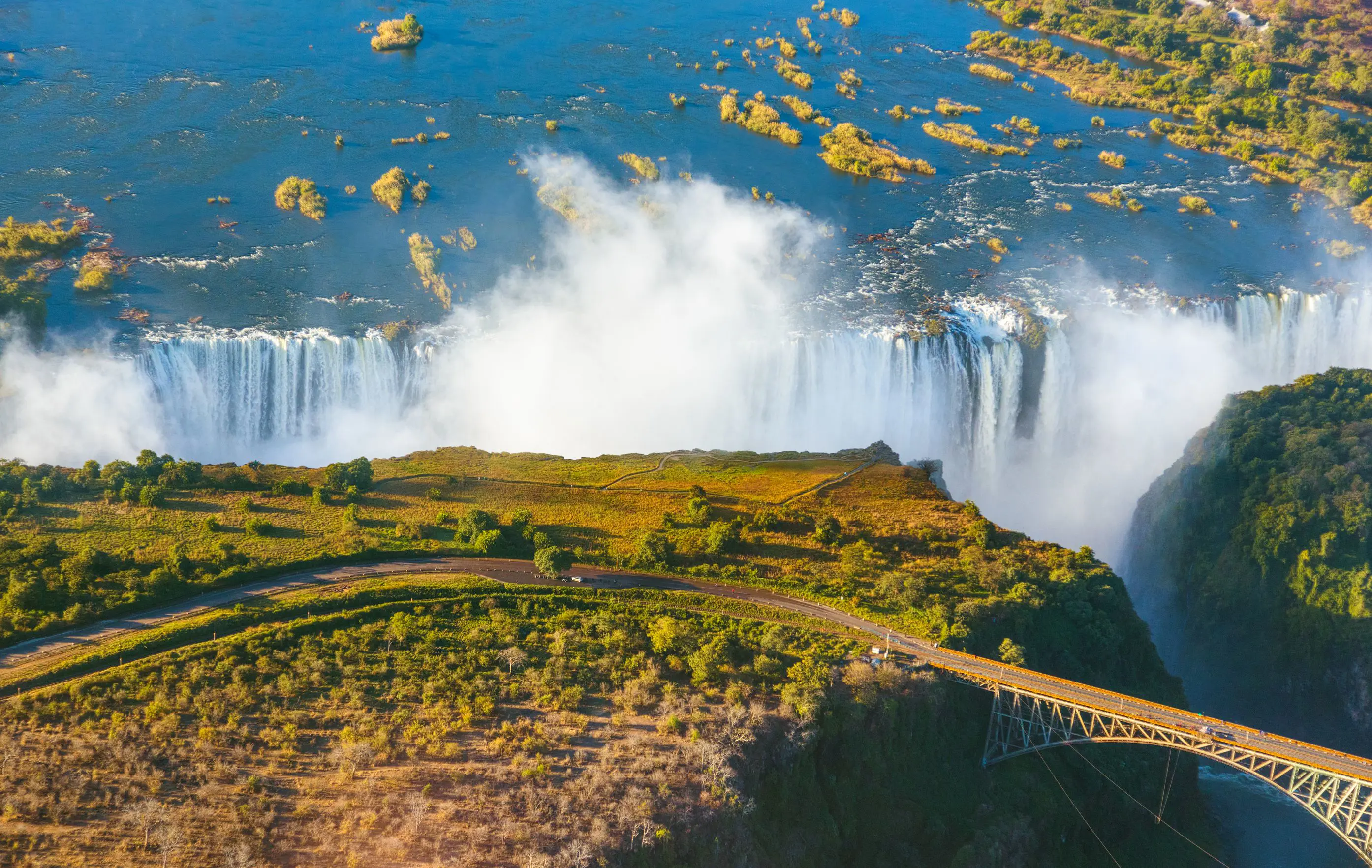 Victoria Falls and bridge, aerial view