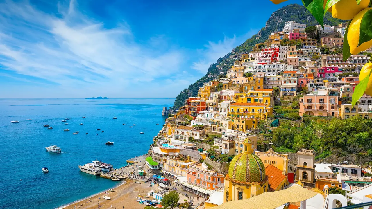 Positano Landscape with buildings and boats