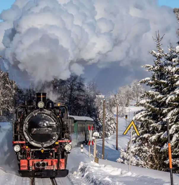 Fichtelberg Railway steam train in winter, Oberwiesenthal