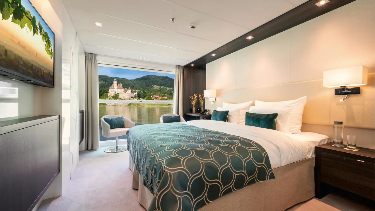 AMADEUS Cara Stateroom Cabin Mozart And Strauss Deck Cabin Mozart And Strauss Deck With Outside View Of The Panoramic Window Lueftner Cruises Amadeus Moving Pictures