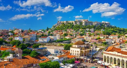 View of the Acropolis from Plaka, Athens, Greece