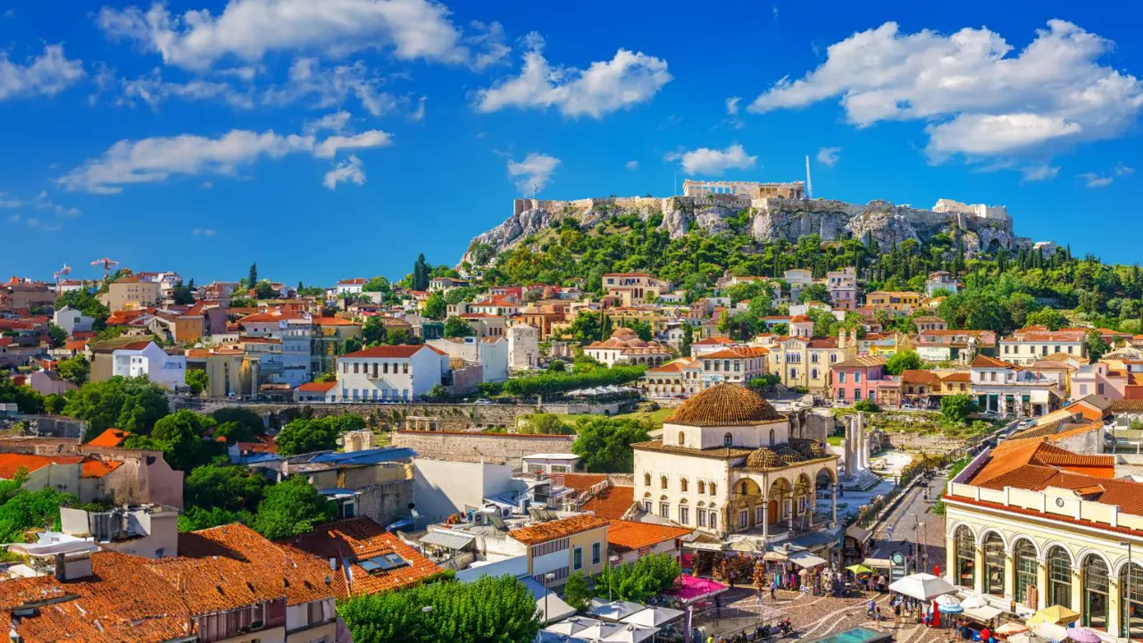 View of the Acropolis from Plaka, Athens, Greece