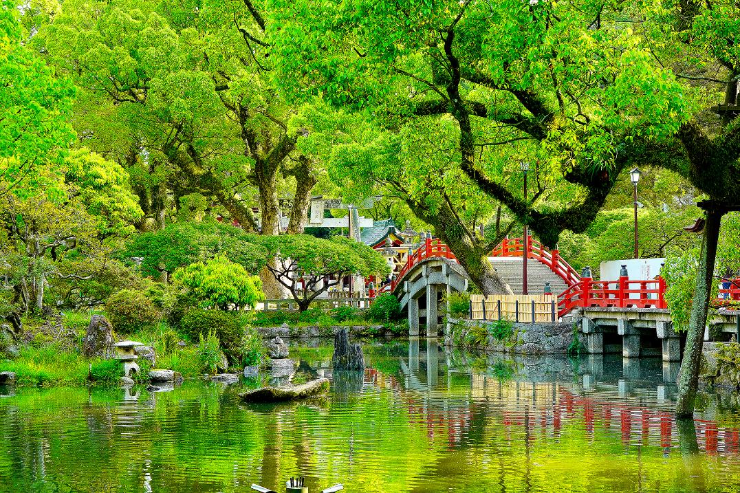 A serene Japanese garden with a red arched bridge over a reflective pond, surrounded by lush green trees at Dazaifu Tenmangu Shrine in Fukuoka