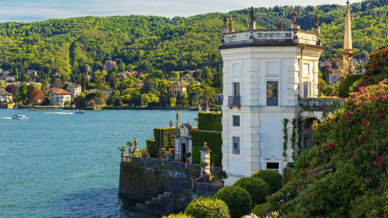 View from baroque gardens of Borromeo Palace, Isola Bella, Borromean Islands, Lake Maggiore, Italy