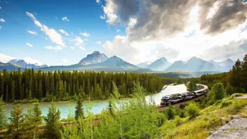 The Rocky Mountaineer train travelling through the Canadian Rockies, with rugged mountains in the background and dense evergreen forests lining the tracks