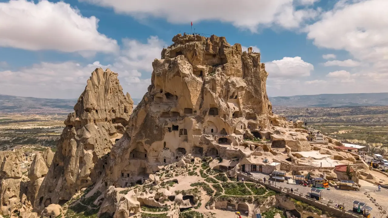 Aerial view of Uçhisar Castle, Cappadocia, Turkey