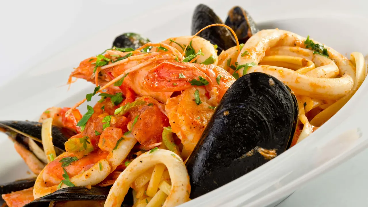 Close up of a dish of seafood linguine