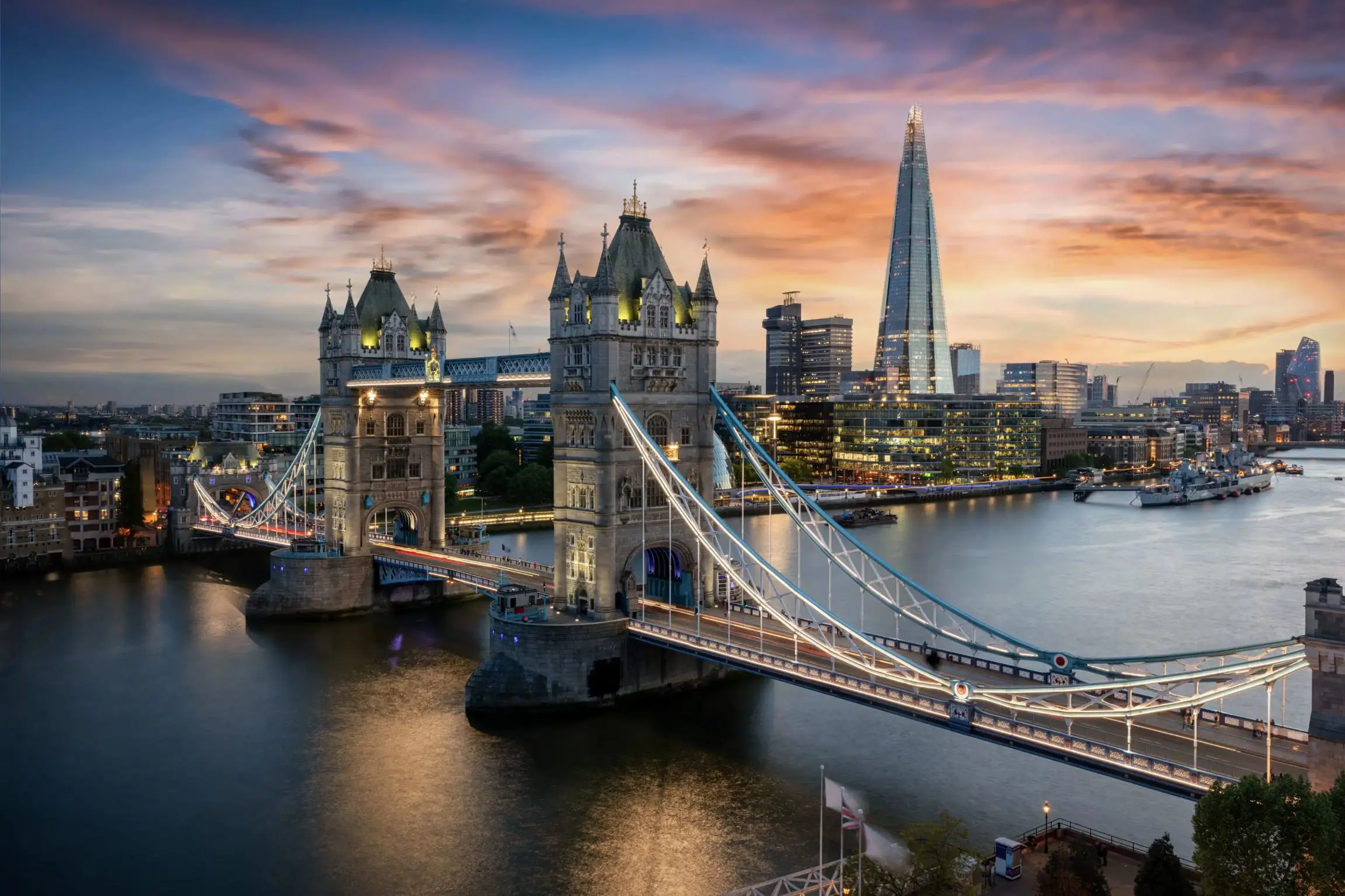 London skyline at sunset with Tower Bridge and the Shard